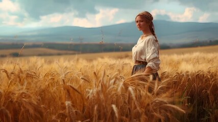 A woman in a white blouse and blue skirt stands amidst a golden wheat field under a partly cloudy sky.