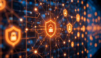 Orange shields with padlocks connected by lines on a dark blue digital network background image