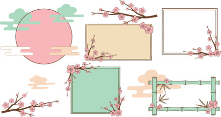 Vector Set of Traditional Oriental Frames and Design Elements, Featuring Pink Cherry Blossom, Green Bamboo Border, Pink Sun, and Stylized Clouds, Perfect for Japanese or Chinese Festival 