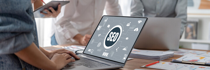 SEO search engine optimization for brisk e-commerce and online retail business showing on computer...