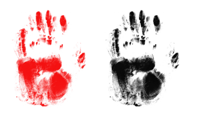 Red and black handprints on transparent backdrop