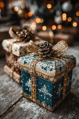 Beautifully wrapped Christmas gift boxes placed on floor near a fir tree, warm indoor holiday scene