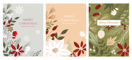 Modern Christmas card set featuring hand-drawn holly berries, pine branches, and snowflake accents. Sleek holiday typography. Ideal for greeting cards, posters, banners, and prints.