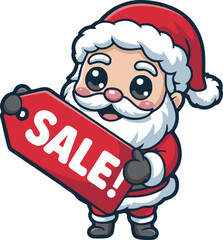 Cute cartoon santa claus holding a red sale tag, isolated on white background