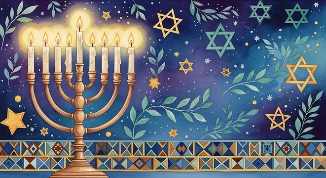 Photo of hanukkah menorah with burning candles and star of david symbols jewish holiday background with traditional hanukkah symbols and watercolor texture