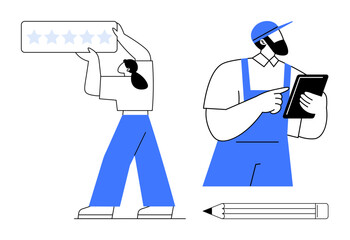 Worker with clipboard and designer holding rating board. Pencil symbolizes creativity. Ideal for teamwork, quality assurance, customer feedback, review processes, design, service evaluation, simple