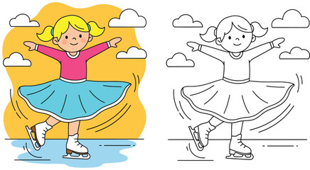 Cute girl ice skating vector illustration with coloring book page outline. Happy child figure skater character in winter outfit. Educational linear drawing activity for kids.
