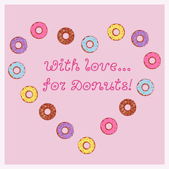 Heart from Multi-colored donuts with glaze and colorful sprinkles, with love, card, sweets, dessert, National Donut Day