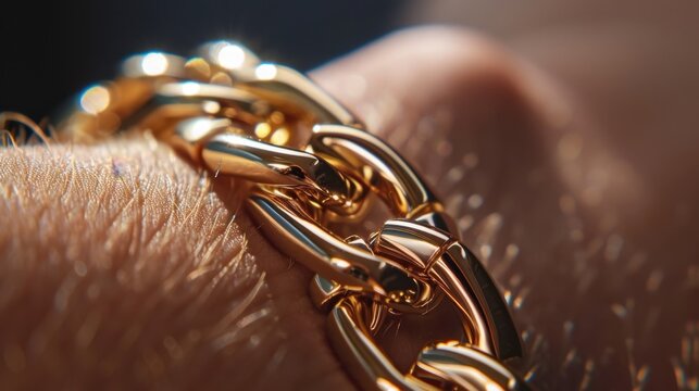 Close-up of a gold chain bracelet on a wrist. The bracelet features interlocking links with a shiny finish. The skin tone is light.