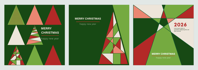 Christmas square poster and card set in a clean geometric style. Modern green, red, and pink design with tree branches, ornaments, and decorations. Vector templates for banners and covers.