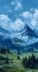 Fototapeta premium An artistic depiction of a mountainous landscape, with a valley, lush meadows, and forests. The sky is filled with clouds and the mountains are in the background.