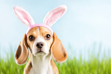 A beagle dog wearing easter bunny ears and looking at the camera. The beagle's adorable expression captures the playful essence of Easter