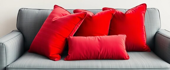 Three plush red pillows arranged on a gray sofa,   house,   calm