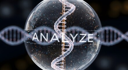 Dna analysis concept with double helix and analyze text overlay scientific research