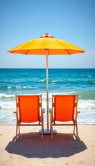 Two empty chairs await under a vibrant orange umbrella by the serene ocean, a perfect sunny day for pure relaxation by the waves,  comfort,  shore
