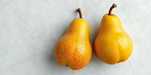 Three ripe pears arranged on a cool, veined marble surface,  simple,  brown