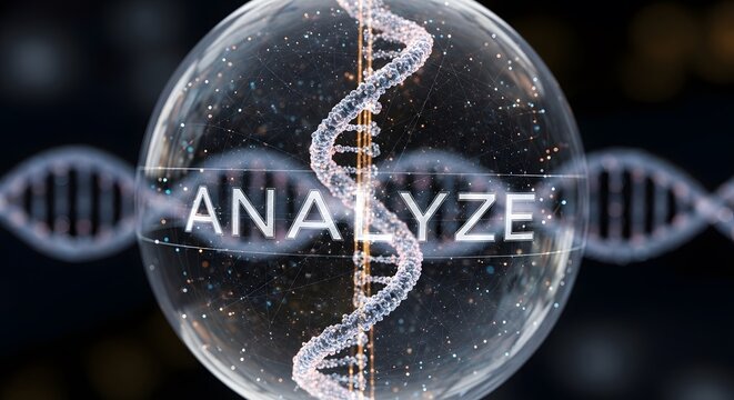 Dna analysis concept with double helix and analyze text overlay scientific research - Powered by Adobe