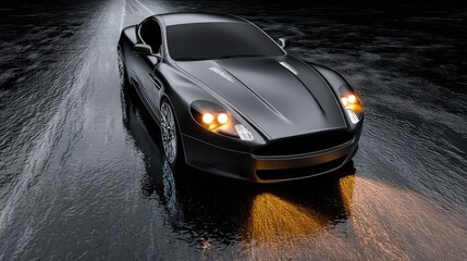 Sleek Black Sports Car on Wet Road with Headlights Illuminating the Night
