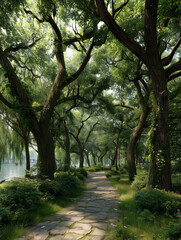 Fototapeta premium Stone pathway winding through tranquil green park beside lake