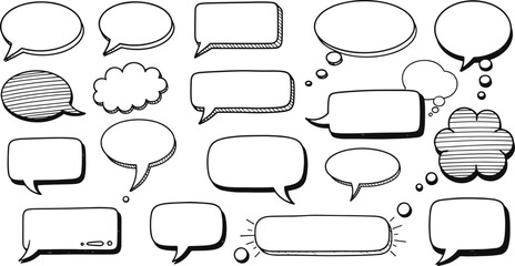 Obraz premium Mega Set of Hand Drawn Doodle Speech Bubbles, Black and White Sketch Comic Style, Cloud Text Balloon Shapes, Outline Chat Box, Communication, Design Elements, Vector Illustration Collection, Isolated.
