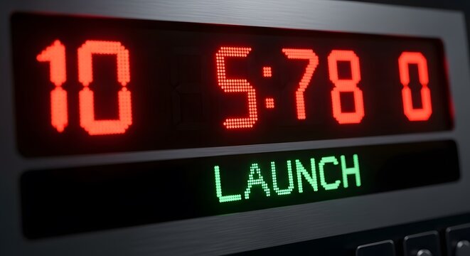 Digital countdown display showing launch sequence with red numbers and green text