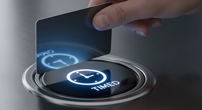 Time tracking system person scanning card at time clock for attendance