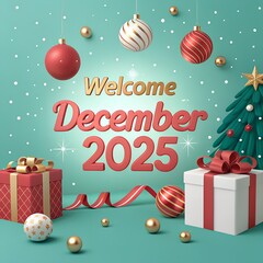 Festive Welcome December 2025 Vector, christmas background with gift boxes and balls