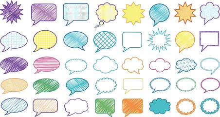 Mega Set of Hand Drawn Doodle Speech Bubbles, Sketch Comic Style, Cloud Text Balloon Shapes, Colorful Textured Hatching, Chat Box, Communication, Design Elements, Vector Illustration Collection.