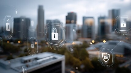 Waterfront landscape features digital security symbols and a padlock, illustrating the blend of nature and technology at sunrise