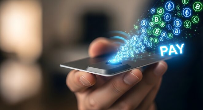 Mobile payment technology hand holding phone with glowing icons and pay text - Powered by Adobe