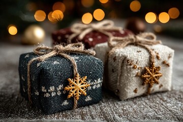 Beautifully wrapped gifts under Christmas tree with festive light bokeh and joyful atmosphere