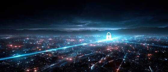 A large digital padlock floats above a city, representing cybersecurity. Skyscrapers fill the skyline under a clear blue sky