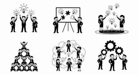 Business people standing with glowing light bulbs above their heads illustrating creativity, teamwork, and problem-solving, men and women developing business strategies