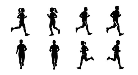 Silhouettes of people running, diverse group of men and women engaged in jogging and healthy lifestyle, various poses for fitness and exercise themes