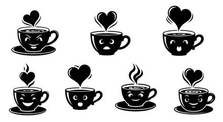 Funny coffee cups with different facial expressions and steaming hearts, cute hot beverage mugs with happy and sad emotions, charming collection for cafe concepts