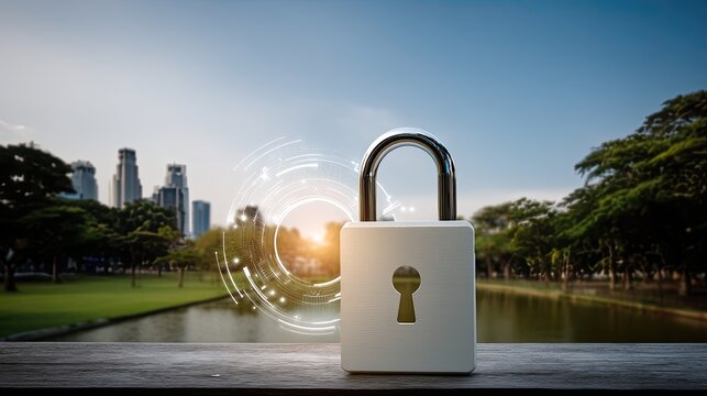 A large digital padlock floats above a city, representing cybersecurity. Skyscrapers fill the skyline under a clear blue sky