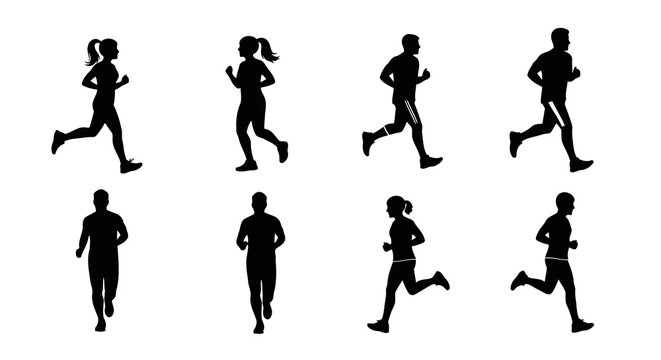 Silhouettes of people running, diverse group of men and women engaged in jogging and healthy lifestyle, various poses for fitness and exercise themes