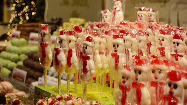 Row of Festive Snowman Candies at Christmas Market