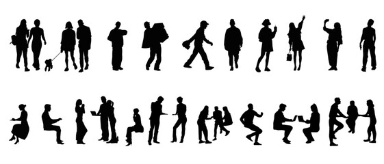 Large collection of 38 people silhouettes - walking, sitting, talking, interaction.
