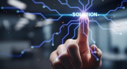 Finger touching digital solution button with glowing network connections and futuristic design