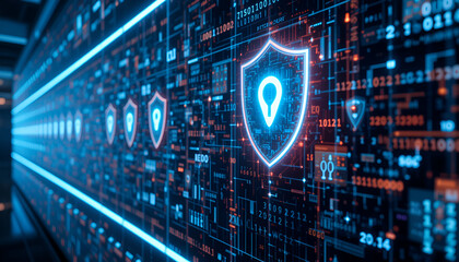 Digital security shields glowing on a futuristic network backdrop with binary code and data