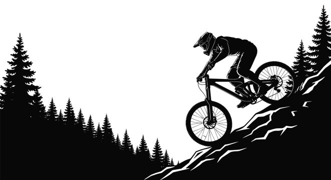Black silhouette of a mountain biker descending a steep rocky slope, mountain biking, downhill biking, extreme sports, silhouette, black and white, rider, bicycle, helmet, protective gear, action, spe