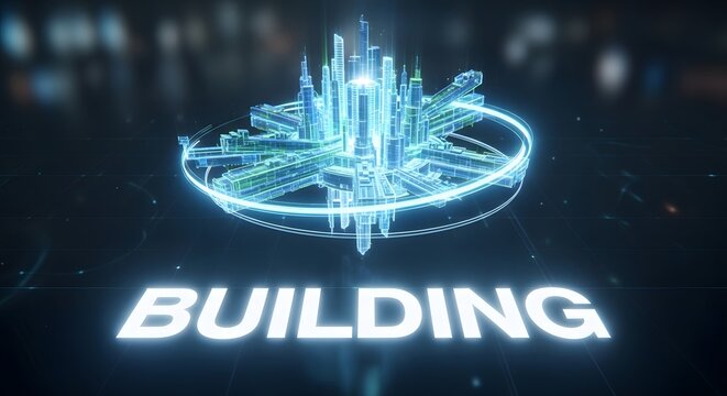 Futuristic building hologram concept with glowing lines and abstract design elements