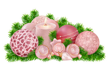 Christmas decorations with balls, fir and candle rosewood and rose gold isolated on transparent background PNG cut out