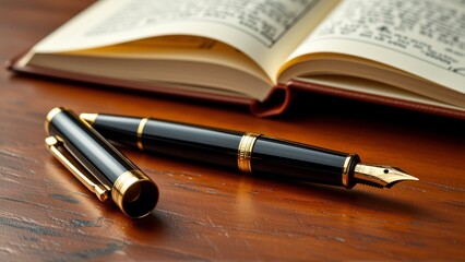 open book fountain pen resting top pen has black body gold accents gold colored nib book appears hardcover brown leather cover pages book filled text pen resting wooden surface taken slightly