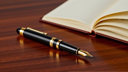 open notebook fountain pen resting top notebook resting wooden surface dark brown finish pen has black body gold accents gold colored nib pages notebook white appear blank background blurred appears