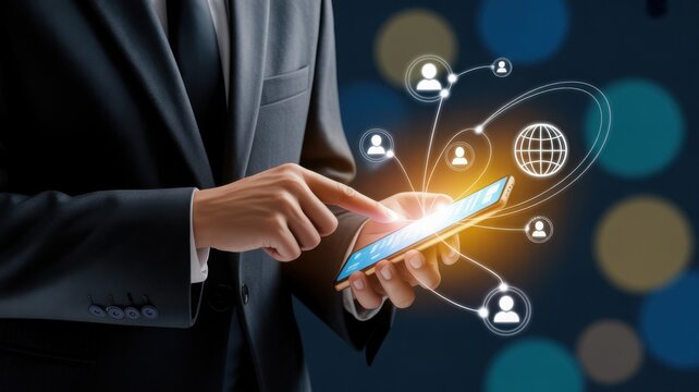 A businessman skillfully navigates a touch screen, with digital icons surrounding the device, illustrating connectivity and communication