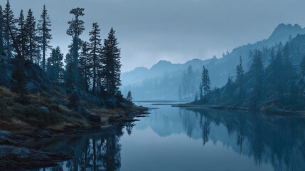 A serene view of a tranquil lake reflecting the misty mountains and surrounding forest. The landscape is peaceful and the scenery is captivating