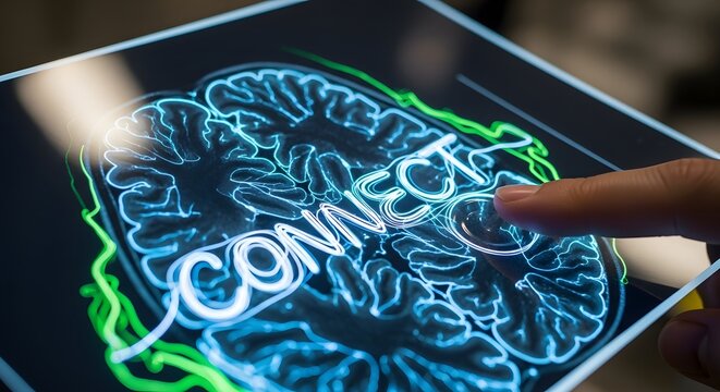 Digital brain connection finger tapping on tablet displaying neural network and connectivity - Powered by Adobe
