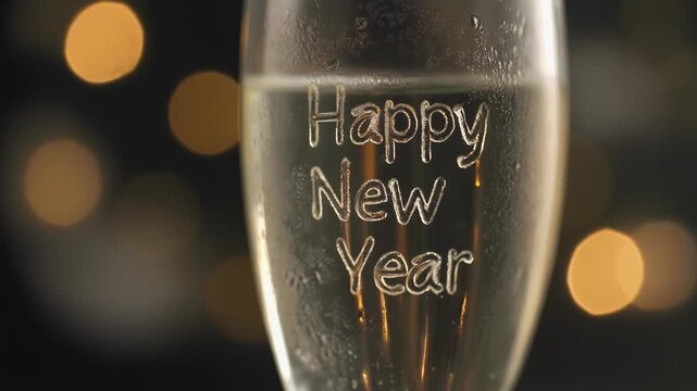 Champagne glass with happy new year engraved on it.